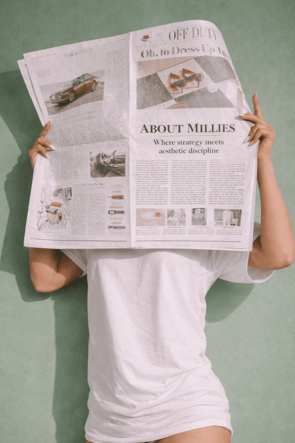 Woman reading newspaper with About Millies headline